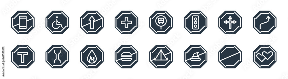 traffic signs filled icons. glyph vector icons such as lovemaking, no pooping, no fast food, t junction, crossroads, no straight, bus stop, handicap sign isolated on white background. traffic signs filled icons. glyph vector icons such as lovemaking, no pooping, no fast food, t junction, crossroads, no straight, bus stop, handicap sign isolated on white background.