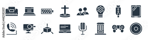 technology filled icons. glyph vector icons such as recording, phone box, laptop frontal monitor, telephone receiver, inclined pendrive, battery power, customers, open laptop sign isolated on white