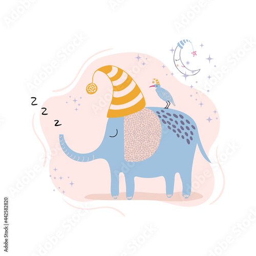 Poster with cute sleeping elephant, bird and moon. Hand drawn vector character in simple scandinavian style. Sweet dreams. Ideal kids design, for fabric, textile, baby book, decorating baby nursery.