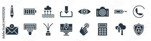 technology filled icons. glyph vector icons such as safe shield protection, basic calculator, holidays, receive money message, small battery with medium charge, evaporation, contact lens, battery