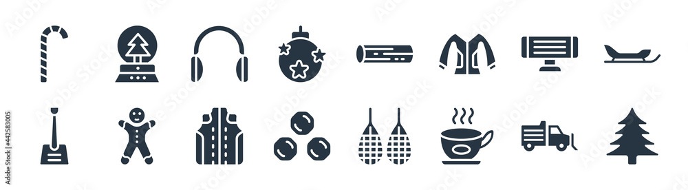 Fototapeta premium winter filled icons. glyph vector icons such as christmas tree, hot tea, snow ball, winter shovel, electric heater, earmuffs, logs, snow globe sign isolated on white background.