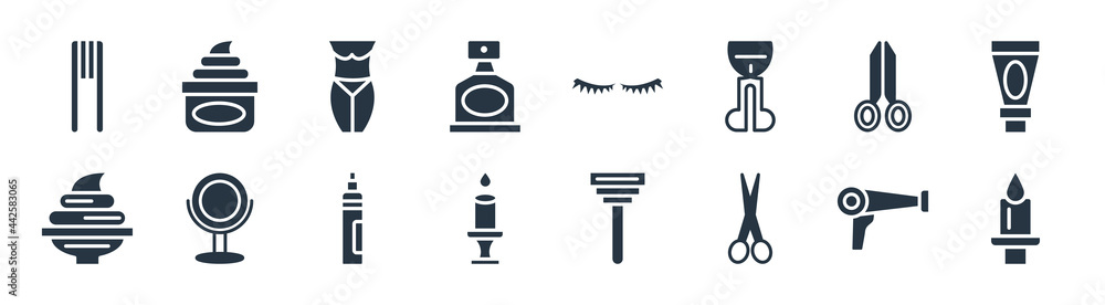 beauty filled icons. glyph vector icons such as candle, hair scissors, candles, foam, manicure scissors, women waist, two eyelashes, moisturizer sign isolated on white background. beauty filled icons. glyph vector icons such as candle, hair scissors, candles, foam, manicure scissors, women waist, two eyelashes, moisturizer sign isolated on white background.
