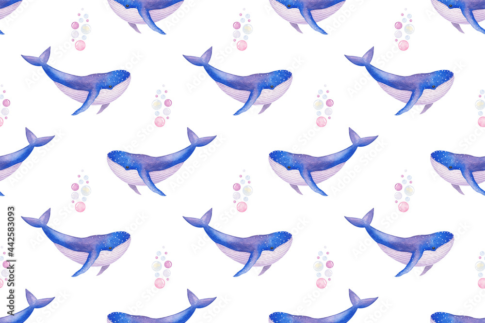 Seamless watercolor pattern with cute blue whale and water bubbles Seamless watercolor pattern with cute blue whale and water bubbles