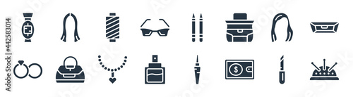 woman clothing filled icons. glyph vector icons such as needle case?, wallet?, parfum bottle?, engagement ring?, shoulder length?, cylindrical lamp?, eyeliner pencils?, hair wig? sign isolated on