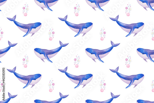 Seamless watercolor pattern with cute blue whale and water bubbles