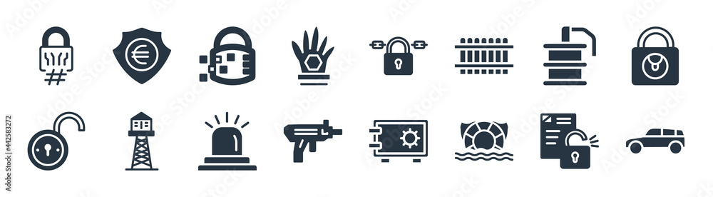 security filled icons. glyph vector icons such as safety car, float, uzi, open access, smoke grenade, lock graphic interface security, locked padlock with chain, euro currency security shield sign security filled icons. glyph vector icons such as safety car, float, uzi, open access, smoke grenade, lock graphic interface security, locked padlock with chain, euro currency security shield sign