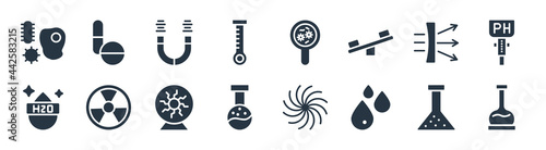 science filled icons. glyph vector icons such as volumetric flask, drops, lab, h2o, dispersion, magnetism, microorganism, medicines sign isolated on white background.