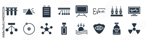 science filled icons. glyph vector icons such as radiation, eye protector, vial, oscillation, nixie, notes, blackboard, refraction sign isolated on white background.