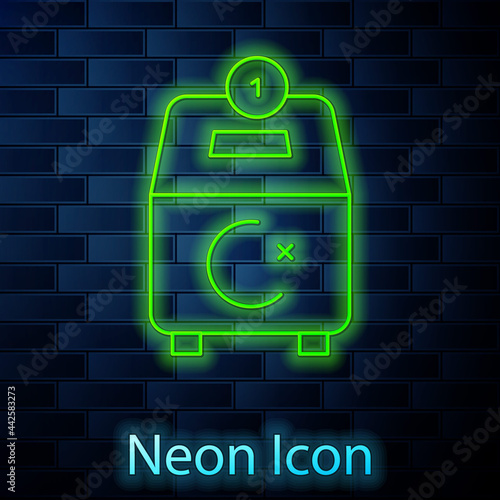 Glowing neon line Donate or pay your zakat as muslim obligatory icon isolated on brick wall background. Muslim charity or alms in ramadan kareem before eid al-fir. Vector