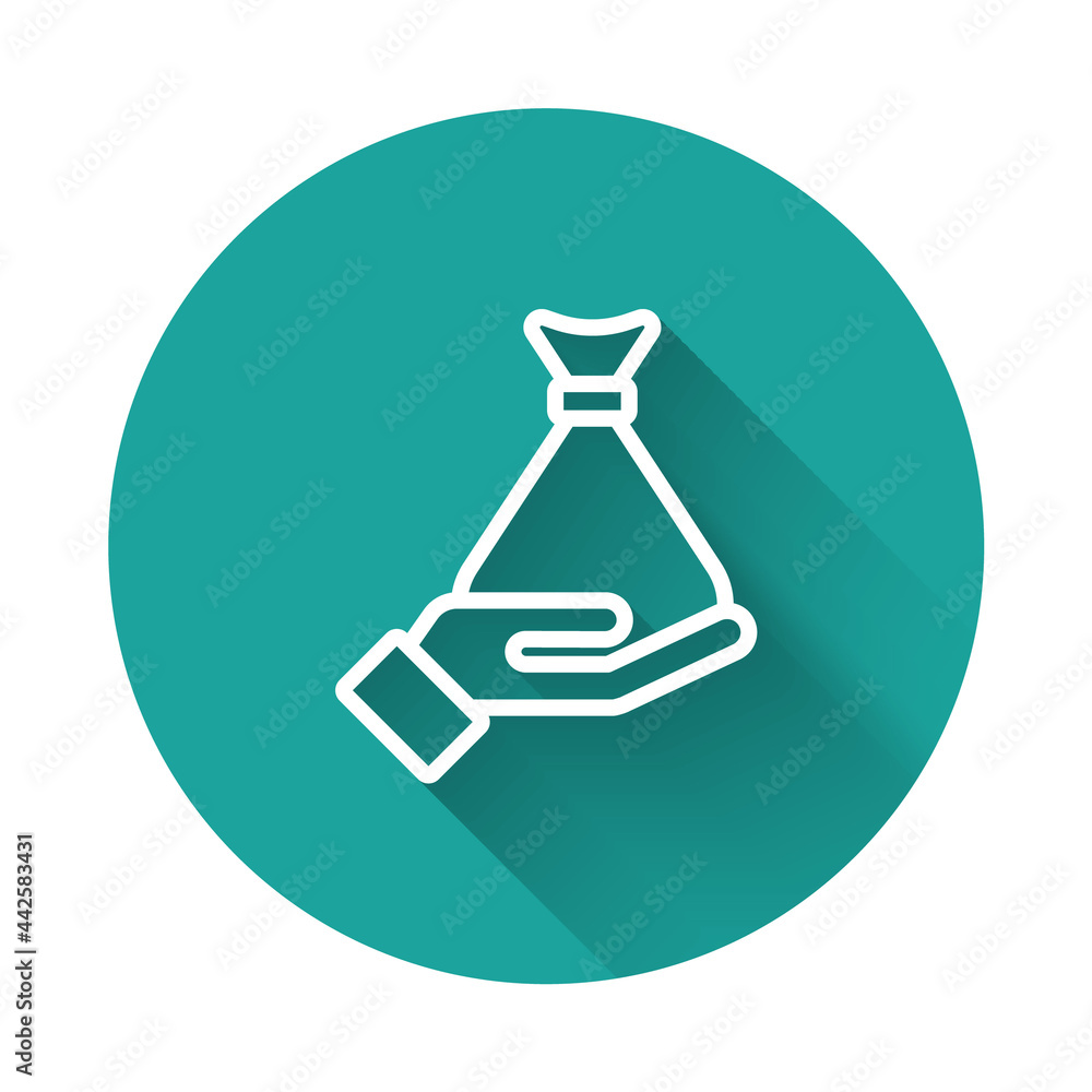 White line Money in hand icon isolated with long shadow background. Insurance concept. Security, safety, protection, protect concept. Green circle button. Vector White line Money in hand icon isolated with long shadow background. Insurance concept. Security, safety, protection, protect concept. Green circle button. Vector