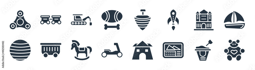toys filled icons. glyph vector icons such as teddy bear toy, etch a sketch toy, scooter toy, beach ball castle digger spinning top sign isolated on white background. toys filled icons. glyph vector icons such as teddy bear toy, etch a sketch toy, scooter toy, beach ball castle digger spinning top sign isolated on white background.