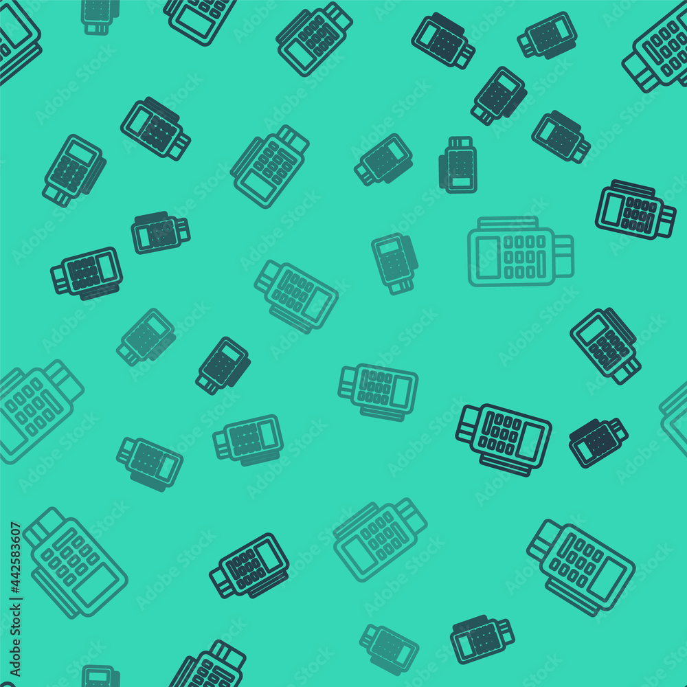 Black line POS terminal with inserted credit card and printed reciept icon isolated seamless pattern on green background. NFC payment concept. Vector Black line POS terminal with inserted credit card and printed reciept icon isolated seamless pattern on green background. NFC payment concept. Vector