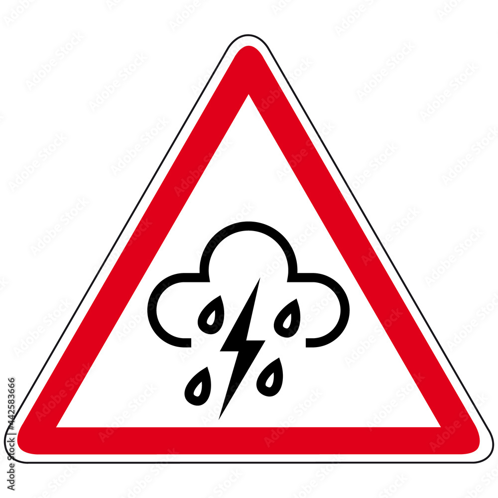 Blitz, Gewitter, Unwetter, starker Regen - Warnzeichen, Achtung Schild  Stock Vector
