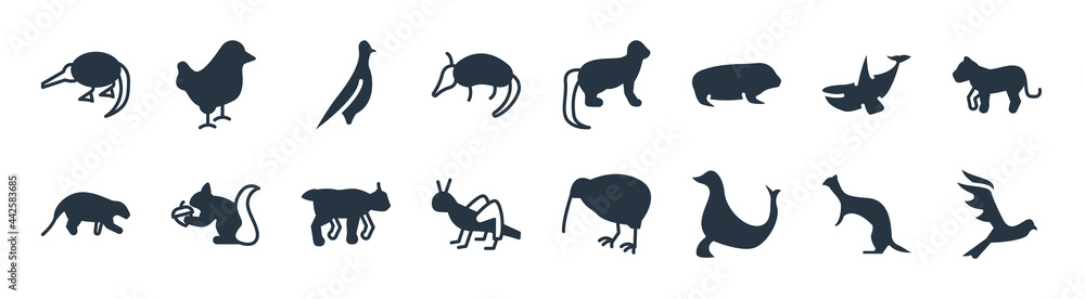 animals filled icons. glyph vector icons such as hawk, sea lion, grasshopper, mongoose, orca, nymphicus hollandicus, marten, chick sign isolated on white background.