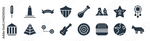 united states filled icons. glyph vector icons such as donkey, burger, electric guitar, government, walk of fame, independence day, turkey leg, obelisk sign isolated on white background.