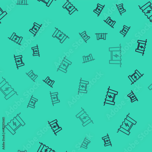 Black line Hydroelectric dam icon isolated seamless pattern on green background. Water energy plant. Hydropower. Hydroelectricity. Vector