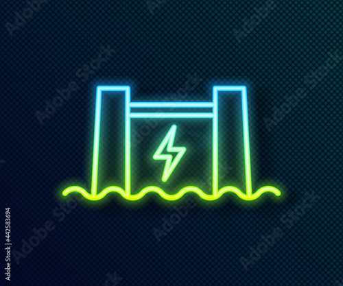 Glowing neon line Hydroelectric dam icon isolated on black background. Water energy plant. Hydropower. Hydroelectricity. Vector