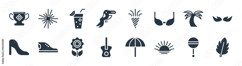 brazilia filled icons. glyph vector icons such as feathers, sun, guitar, high heel, palm tree, cocktail, confetti, fireworks sign isolated on white background. brazilia filled icons. glyph vector icons such as feathers, sun, guitar, high heel, palm tree, cocktail, confetti, fireworks sign isolated on white background.