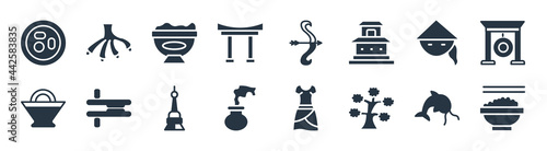 asian filled icons. glyph vector icons such as spike, penjing, smoke bomb, sycee, chinese, rice, quiver, claw sign isolated on white background.