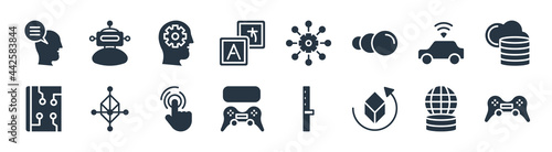 augmented reality filled icons. glyph vector icons such as game control, 3d, remote control, book, car, teaching, network, robot sign isolated on white background.