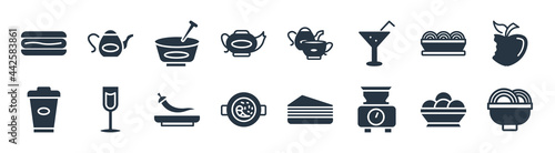 bistro and restaurant filled icons. glyph vector icons such as spaghetti bolognese, electric weight scale, paella with parwns, cardboard cup, plate of spaghetti, mortar with mace, tea set, pouring