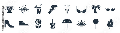 brazilia filled icons. glyph vector icons such as feathers, sun, guitar, high heel, palm tree, cocktail, confetti, fireworks sign isolated on white background.