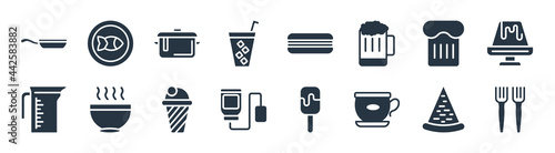 bistro and restaurant filled icons. glyph vector icons such as salad fork, breakfast cup, infusion bag, measurement jar, toasted bread, bistro pot, long sandwich, kitchen fish sign isolated on