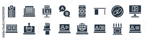 e learning and education filled icons. glyph vector icons such as computer-based training, online training, lecture, digital book, links, blended learning, interactive course, online library sign