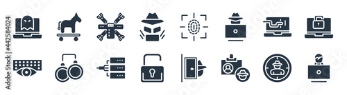 cyber filled icons. glyph vector icons such as woman online, identity theft, passwords, keylogger, worm, dos attack, biometric identification, trojan sign isolated on white background.