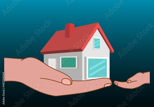 Herencia de una vivienda de padres a hijos. Mamo de un padre o madre dando una casa a la mano de su hijo o hija