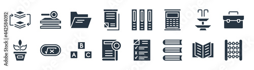 education filled icons. glyph vector icons such as abcus, hardbound book, book and magnifier, plant sample, fountain, black folder, three books, stack of books and magnifier sign isolated on white