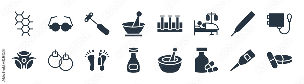 medical filled icons. glyph vector icons such as pharmacy, pills jar, poison bottle with a skull, biological warning, thermometer, medical hammer tool, medical samples in test tubes couple, medical filled icons. glyph vector icons such as pharmacy, pills jar, poison bottle with a skull, biological warning, thermometer, medical hammer tool, medical samples in test tubes couple,