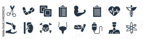 medical filled icons. glyph vector icons such as atomic structure, plasma, bladder, acid falling on hand, heart beats lifeline in a heart, plastering, strong, drug pills sign isolated on white