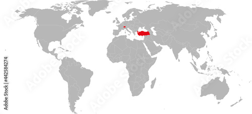 Switzerland  turkey countries highlighted red on world map. Geographical map backgrounds.