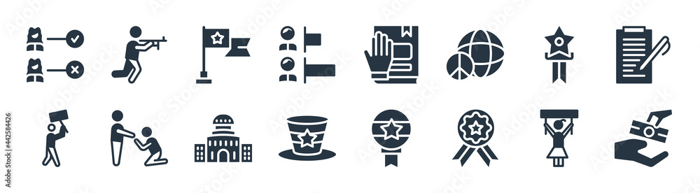political filled icons. glyph vector icons such as bribe, elections badge with a star, uncle sam hat, protest, political american elections publicity badge, political flag, oath, war sign isolated political filled icons. glyph vector icons such as bribe, elections badge with a star, uncle sam hat, protest, political american elections publicity badge, political flag, oath, war sign isolated