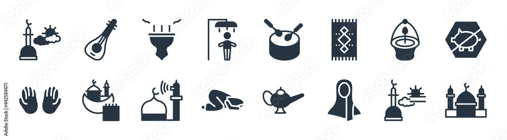 religion filled icons. glyph vector icons such as mosque and minaret, hijab, salah, islamic pray, ner tamid, incense burner, eyd drum, oud sign isolated on white background. religion filled icons. glyph vector icons such as mosque and minaret, hijab, salah, islamic pray, ner tamid, incense burner, eyd drum, oud sign isolated on white background.