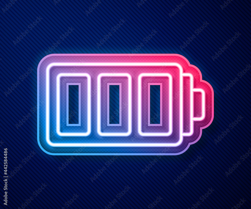 Glowing neon line Battery charge level indicator icon isolated on blue background. Vector Glowing neon line Battery charge level indicator icon isolated on blue background. Vector