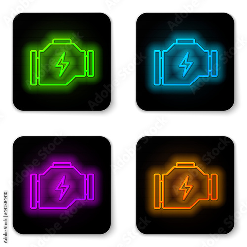 Glowing neon line Check engine icon isolated on white background. Black square button. Vector