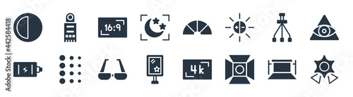 photography filled icons. glyph vector icons such as high quality, spotlight, light box, carging, tripod, aspect, metering, light meter sign isolated on white background.