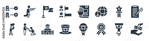 political filled icons. glyph vector icons such as bribe, elections badge with a star, uncle sam hat, protest, political american elections publicity badge, political flag, oath, war sign isolated