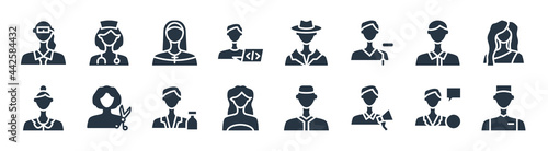 professions filled icons. glyph vector icons such as concierge, marketing manager, obstetrician and gynecologist, pensioner, computer systems analyst, nun, mafia, physician assistant sign isolated