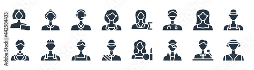 professions filled icons. glyph vector icons such as hunter, pirate, postman, showman, secretary, callcenter, mathematician, librarian sign isolated on white background.