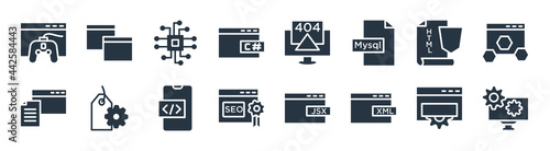 programming filled icons. glyph vector icons such as engineering, xml, seo reputation, seo report, html5, microchip, 404 error, page sign isolated on white background.