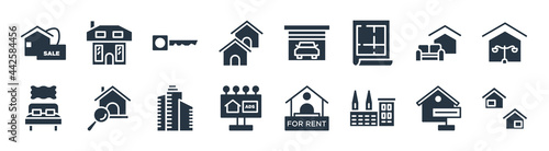 real estate filled icons. glyph vector icons such as neighborhood, industrial park, advertisement, bedroom, house decoration, house key, garage, facade sign isolated on white background.