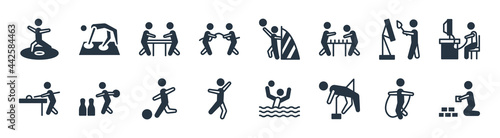 recreational games filled icons. glyph vector icons such as people playing rummy, people playing limbo, people dancing, playing billiard, painting, air hockey, goalkeeper twister sign isolated on
