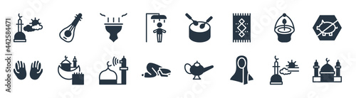 religion filled icons. glyph vector icons such as mosque and minaret, hijab, salah, islamic pray, ner tamid, incense burner, eyd drum, oud sign isolated on white background.