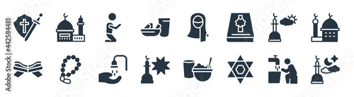 religion filled icons. glyph vector icons such as isha, hebrew, zuhr prayer, quran rehal, assr, muslim man praying, hijab veil, islamic mosque sign isolated on white background.