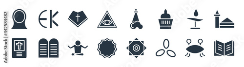 religion filled icons. glyph vector icons such as quran, holy trinity, bahai, gospel, unitarian universalism, mantle, god, eckankar sign isolated on white background.