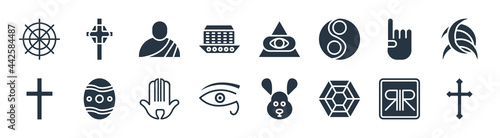 religion filled icons. glyph vector icons such as christian, pagan, eye of ra, christianity, monotheism, monk, cao dai, christian reformed church sign isolated on white background.