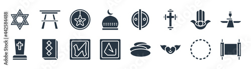 religion filled icons. glyph vector icons such as holy scriptures, sufism, asceticism, tombstone, hamsa, anglican, animism, shrine sign isolated on white background.